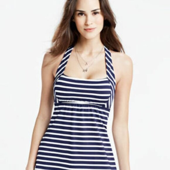 Lands' End Navy Stripe Halter Swim Dress Size 12 - Picture 2 of 8